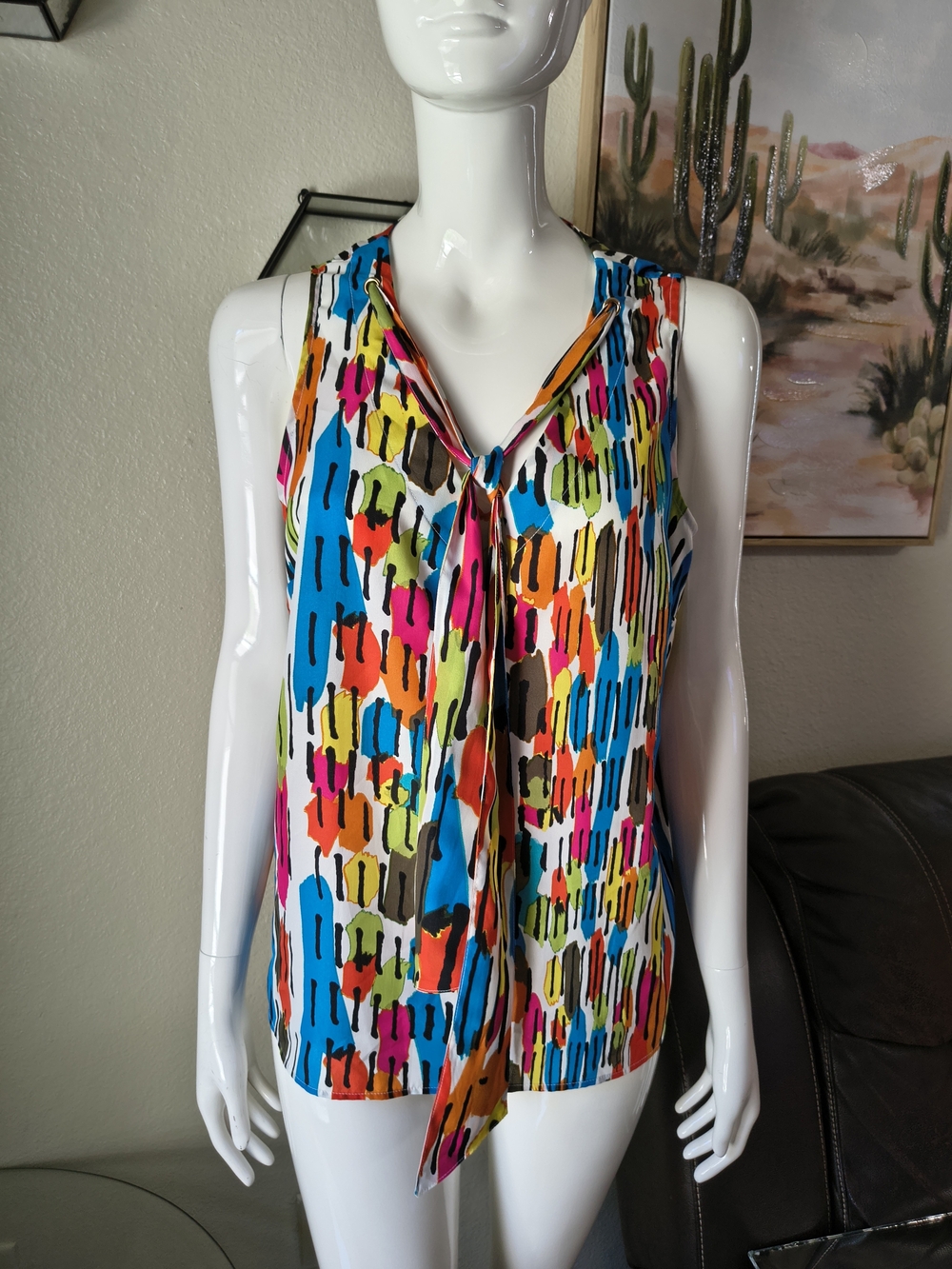 Kasper Multicolor Tie-Neck Sleeveless Blouse - Blue, Pink, Orange, Yellow, Green